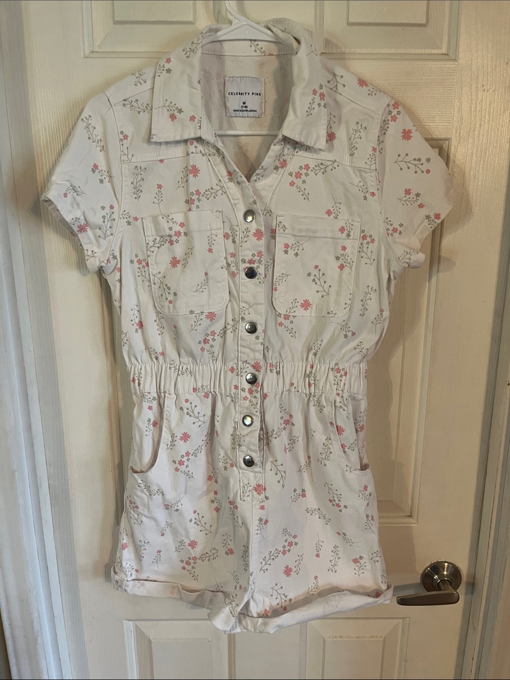 Celebrity Pink Cream Floral Button-Up Romper with Pink & Green Print